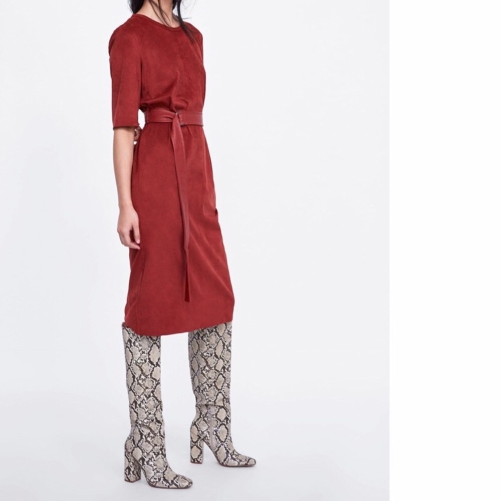 NWOT ZARA DARK RED FAUX SUEDE MIDI DRESS, SIZE SM